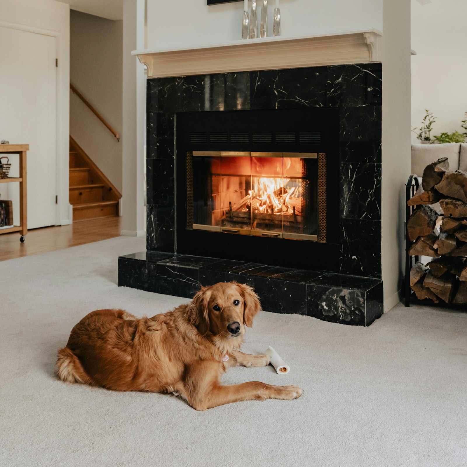 Family relaxing by the fireplace